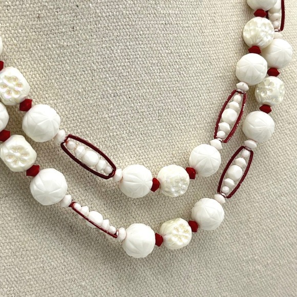 West Germany Two Strand White Bead Necklace Red Accents Ornate Gold Tone Clasp - Picture 7 of 9